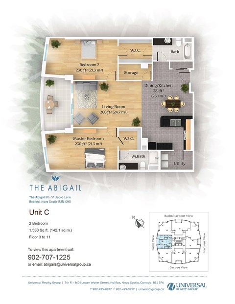 A floor plan for apartment unit C at The Abigail, showing a living room, two bedrooms, a dining/kitchen area, and bathrooms.